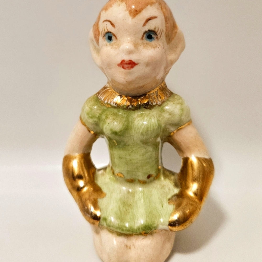 MCM Gilner Pottery 1950's Pixie Elf Green With Gold Painted Gloves And Shoes